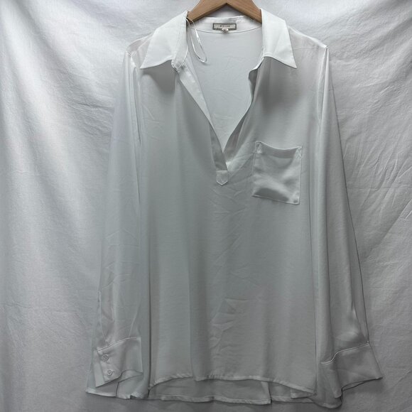 Pleione V-Neck Pullover Blouse White Long Sleeve Collared Women's Size Large - Picture 1 of 8